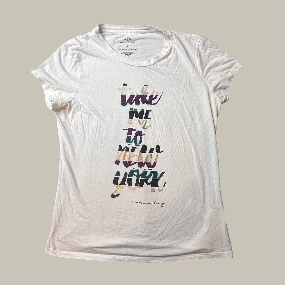 Armani Exchange T-Shirt Womens L White Take Me To New York Graphic Pima Cotton